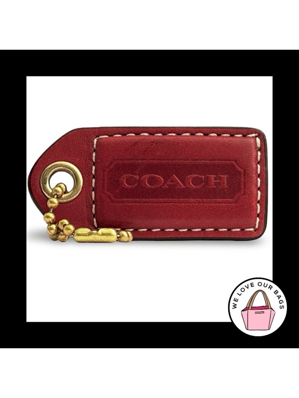 COACH Y2K VINTAGE Hang Tag 2.5" Red Leather Bag Charm Keychain Fob Brass Large